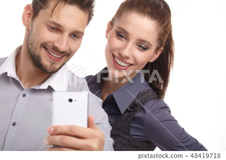 Young couple take selfie, studio isolated shoot Young couple take selfie, studio isolated shoot 48419718