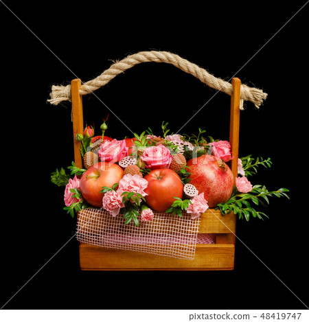 Unique gift wooden box with flowers and fruits Unique gift wooden box with flowers and fruits 48419747