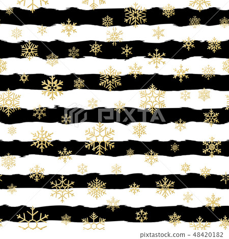 Seamless pattern design. Gold glittering snowflakes on black and white striped background. EPS 10 48420182