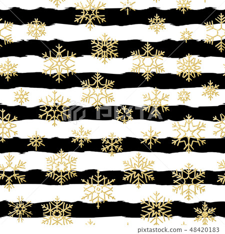 Seamless pattern design. Gold glittering snowflakes on black and white striped background. EPS 10 48420183