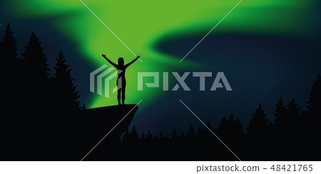 happy girl with raised arms at forest polar lights landscape 48421765