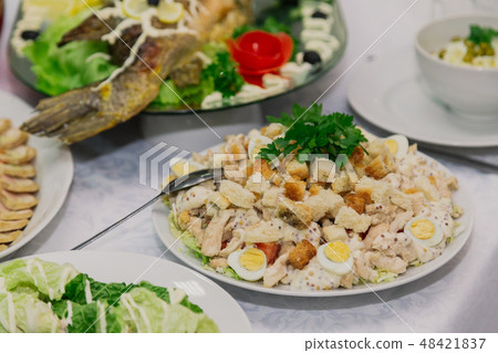 Meat salad on the festive table, meat and Meat salad on the festive table, meat and 48421837