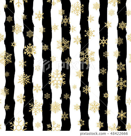 Seamless pattern design. Gold glittering snowflakes on black and white striped background. EPS 10 48422666