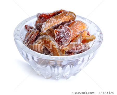 Natural Homemade Fruit Succade in glass dish. Natural Homemade Fruit Succade in glass dish. 48423120