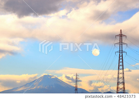 Fuji, blue sky, white clouds and moon Fuji, blue sky, white clouds and moon 48423373