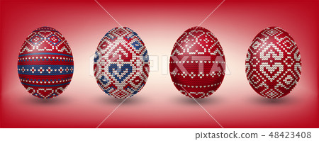 Red Paschal eggs decorated with knitting patterns Red Paschal eggs decorated with knitting patterns 48423408
