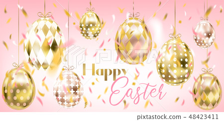 Pink Easter banner with gold eggs and confetti 48423411