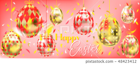 Red Easter banner with golden eggs and confetti 48423412