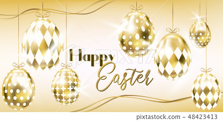 Easter banner with golden eggs and ribbons 48423413