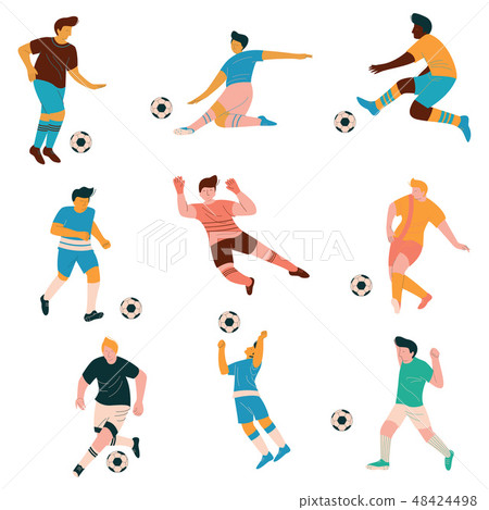 Soccer Players Set, Male Footballer Characters in Sports Uniform Playing Soccer in Different Soccer Players Set, Male Footballer Characters in Sports Uniform Playing Soccer in Different 48424498