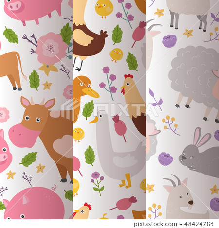 Farm animals vector seamless pattern domestic farming animalistic characters cow and sheep pig dog 48424783