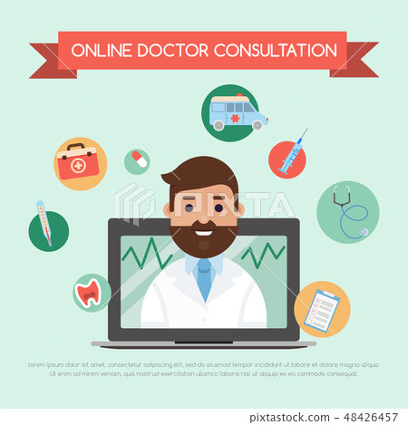 Online doctor concept banner vector illustration. Doctor consultation . Male character with medical Online doctor concept banner vector illustration. Doctor consultation . Male character with medical 48426457