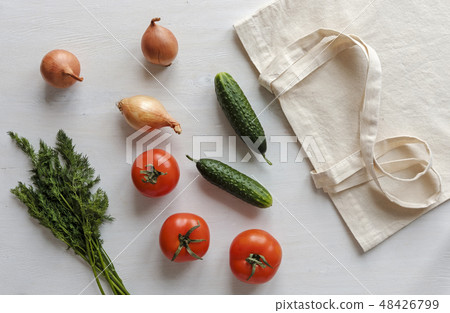 Fabric re-usable shopping bag with groceries Fabric re-usable shopping bag with groceries 48426799