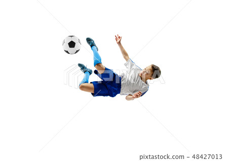 Young boy with soccer ball isolated on white. football player Young boy with soccer ball isolated on white. football player 48427013