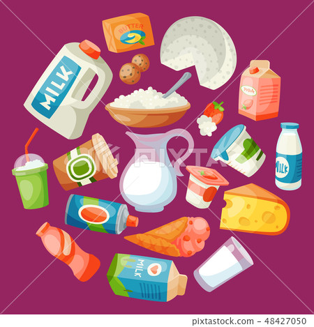 Dairy products or milk set vector illustration. Fresh, quality, organic food round pattern. Great 48427050