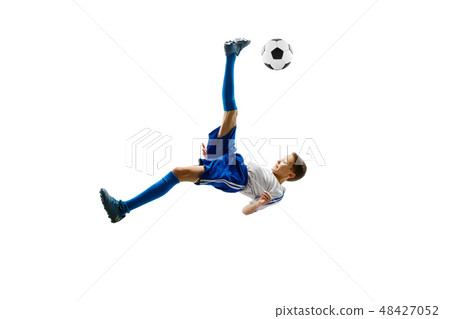 Young boy with soccer ball isolated on white. football player Young boy with soccer ball isolated on white. football player 48427052