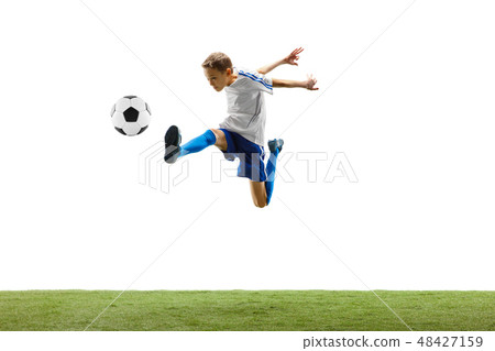 Young boy with soccer ball isolated on white. football player Young boy with soccer ball isolated on white. football player 48427159