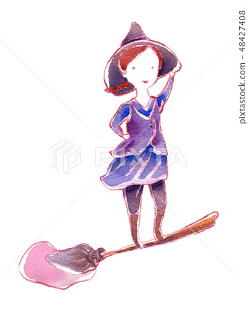 Little brave witch standing on flying broom Little brave witch standing on flying broom 48427408