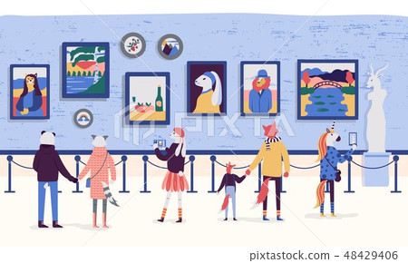 People enjoying artworks in flat cartoon style. Visitors of classic art gallery vector illustration People enjoying artworks in flat cartoon style. Visitors of classic art gallery vector illustration 48429406