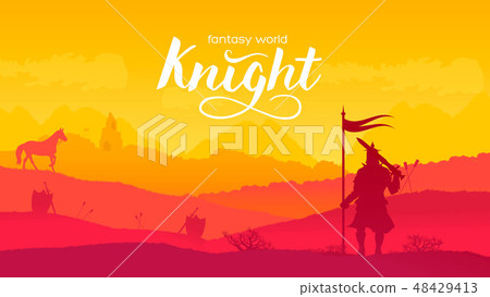 Silhouette historical battlefield at sunset design. Military silhouettes fighting scene on war 48429413