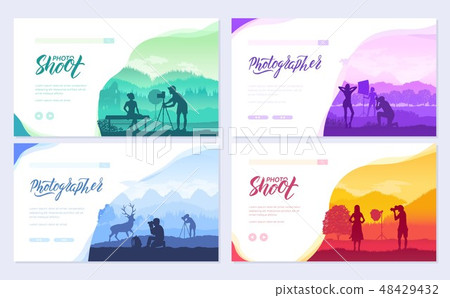 photoshoot ideas in nature brochure cards set. The photographer takes pictures of the girl template 48429432