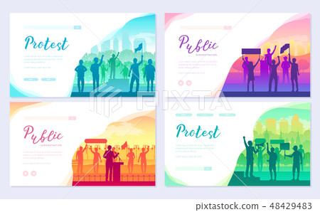 Men and women share protest. Crowd of protester brochure card set. Revolution, conflict template of 48429483