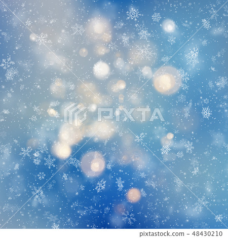 Decorative template Christmas background with snow and bokeh lights. Magic holiday abstract glitter Decorative template Christmas background with snow and bokeh lights. Magic holiday abstract glitter 48430210
