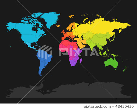 Colorful map of World divided into regions on dark grey background. Simple flat vector illustration 48430430