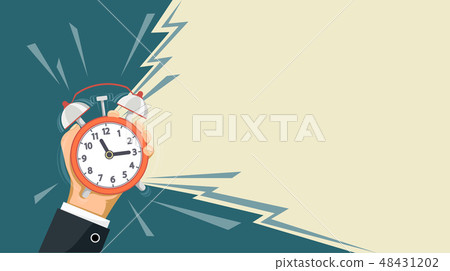 Ringing alarm clock is in the hand of a man Ringing alarm clock is in the hand of a man 48431202