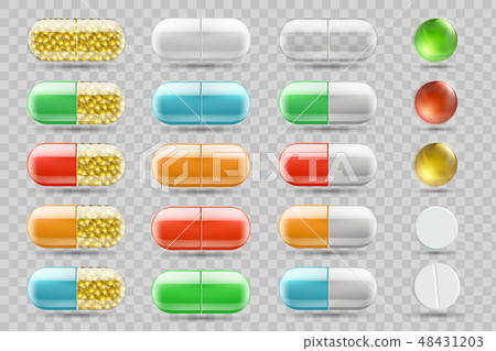 Set of colored medical pills and tablets. Set of colored medical pills and tablets. 48431203