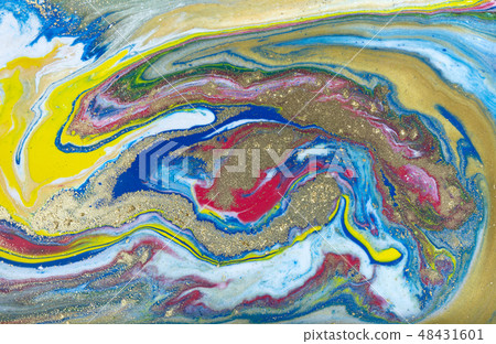 Multicolored gold marbling pattern. Golden marble liquid texture. 48431601