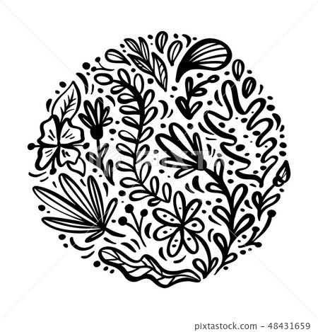Flat abstract round black flower herb bouquet. Vector garden summer flora, wedding invitation card 48431659