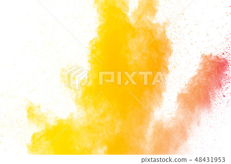 Abstract yellow orange powder explosion on white. 48431953