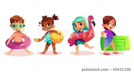 Children with swimming rings cartoon vector set 48432196