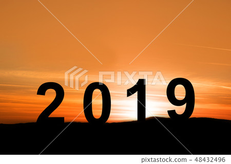 silhouette sunrise with words 2019 on the mountain 48432496