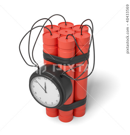 3d rendering of a bundle of dynamite sticks with a clock attached to the side of it on a white 48433569