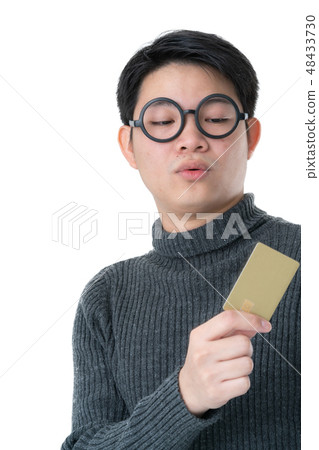 asian man wear glasses hand hold credit card asian man wear glasses hand hold credit card 48433730