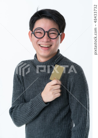 asian man wear glasses hand hold credit card asian man wear glasses hand hold credit card 48433732