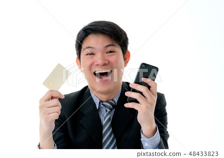 exited business asian man hand hold credit card 48433823