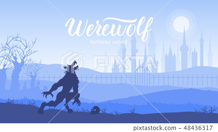 Dark night a werewolf howling at the moon on midnight. Wolf on landscape background of the forest 48436317