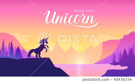 Unicorn on the mountainside near the lake concept. Creatures in fantasy worlds vector illustration 48436334