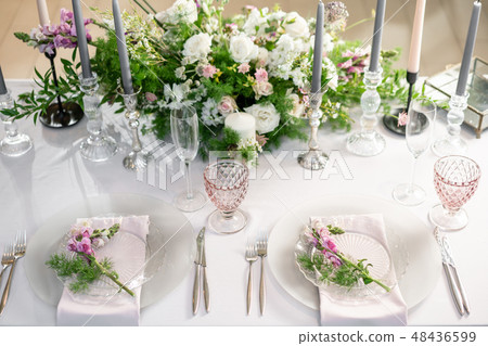 Floral decoration for wedding ceremony romance dining. Wedding banquet , festive decor. Bouquet from Floral decoration for wedding ceremony romance dining. Wedding banquet , festive decor. Bouquet from 48436599