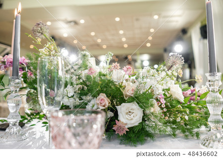 Floral decoration for wedding ceremony romance dining. Wedding banquet , festive decor. Bouquet from Floral decoration for wedding ceremony romance dining. Wedding banquet , festive decor. Bouquet from 48436602