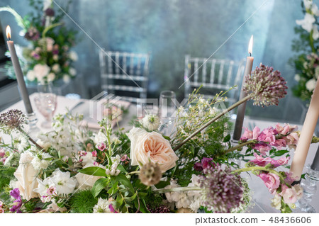 Floral decoration for wedding ceremony romance dining. Wedding banquet , festive decor. Bouquet from Floral decoration for wedding ceremony romance dining. Wedding banquet , festive decor. Bouquet from 48436606
