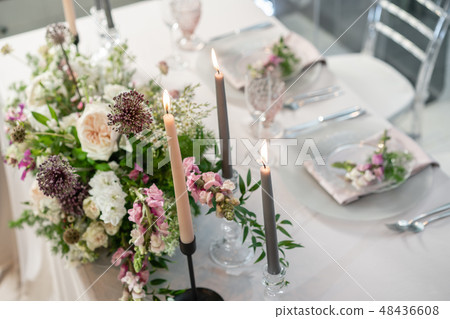 Floral decoration for wedding ceremony romance dining. Wedding banquet , festive decor. Bouquet from Floral decoration for wedding ceremony romance dining. Wedding banquet , festive decor. Bouquet from 48436608