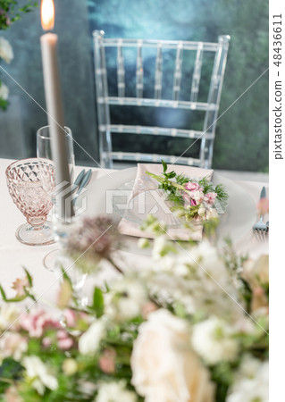 Floral decoration for wedding ceremony romance dining. Wedding banquet , festive decor. Bouquet from Floral decoration for wedding ceremony romance dining. Wedding banquet , festive decor. Bouquet from 48436611