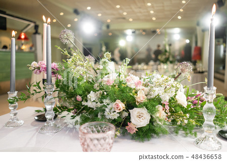 Floral decoration for wedding ceremony romance dining. Wedding banquet , festive decor. Bouquet from Floral decoration for wedding ceremony romance dining. Wedding banquet , festive decor. Bouquet from 48436658