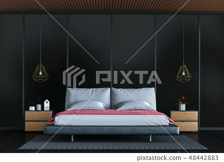 black interior bedroom with decorations. black interior bedroom with decorations. 48442883