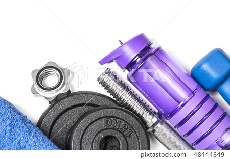 fitness dumbbells and water 48444849