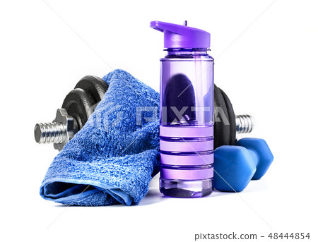 fitness dumbbells and water isolated 48444854
